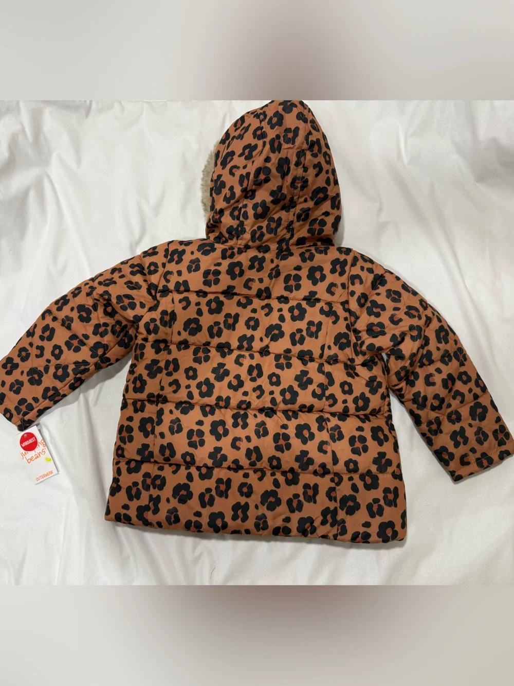 🆕 jumping beans toddler Brown Leopard Print Puffer Jacket with Faux Fur Hood